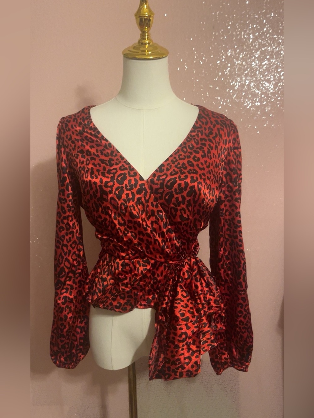 Red Leopard Satin Wrap Top LILY WHITE - Picture 2 of 5